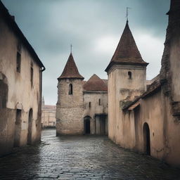 A somber scene of the city of Cluj featuring rundown fortress walls on a cloudy day