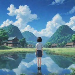 An iconic scene from a popular anime, full of emotion and detailed background landscapes.