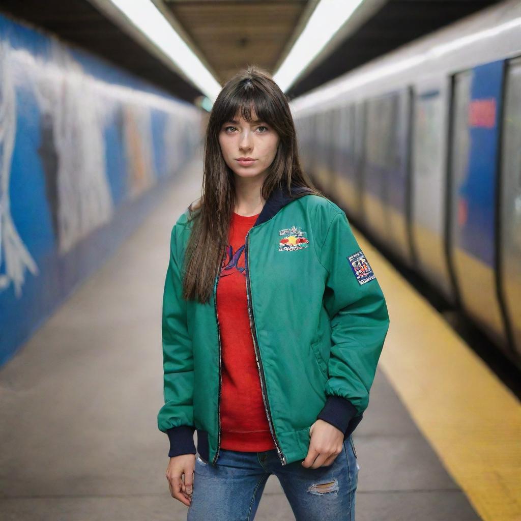 casual photograpy medium body, red bull race team blue jacket, sneakers, female , 23 year old with green eyes and black long hai with withe streaks in the bangs .,freckles, selfie, graffiti background subway, medium distance shot, 4k hd,  --styerw--v 5.2 ar 2-3