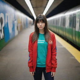 casual photograpy medium body, red bull race team blue jacket, sneakers, female , 23 year old with green eyes and black long hai with withe streaks in the bangs .,freckles, selfie, graffiti background subway, medium distance shot, 4k hd,  --styerw--v 5.2 ar 2-3