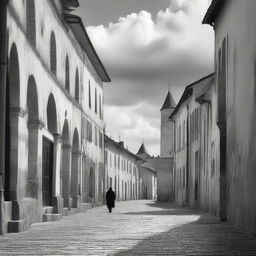 A black and white image of Cluj featuring fortress walls on both sides on a semi-cloudy day