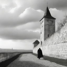 A black and white image of Cluj featuring fortress walls on both sides on a semi-cloudy day