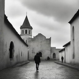 A black and white image of Cluj featuring fortress walls on both sides on a semi-cloudy day