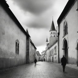 A black and white image of Cluj featuring fortress walls on both sides on a semi-cloudy day