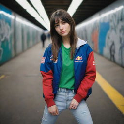 casual photograpy medium body, red bull race team blue jacket, sneakers, female , 23 year old with green eyes and black long hai with withe streaks in the bangs .,freckles, selfie, graffiti background subway, medium distance shot, 4k hd,  --styerw--v 5.2 ar 2-3