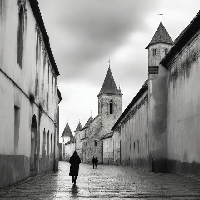 A black and white image of Cluj featuring fortress walls on both sides on a semi-cloudy day