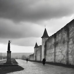 A black and white image of Cluj featuring fortress walls on both sides on a semi-cloudy day