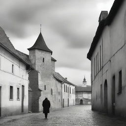 A black and white image of Cluj featuring fortress walls on both sides on a semi-cloudy day