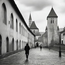 A black and white image of Cluj featuring fortress walls on both sides on a semi-cloudy day