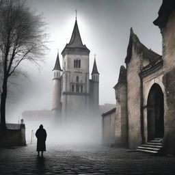 A depiction of Cluj with its historic fortress walls narrowing in the background on a semi-cloudy day