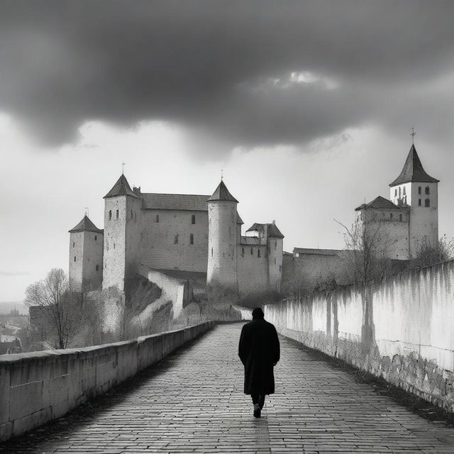 A black and white depiction of Cluj with its historic fortress walls on a semi-cloudy day