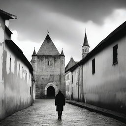 A black and white depiction of Cluj with its historic fortress walls on a semi-cloudy day