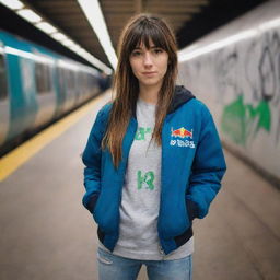 casual photograpy medium body, red bull race team blue jacket, sneakers, female , 23 year old with green eyes and black long hai with withe streaks in the bangs .,freckles, selfie, graffiti background subway, medium distance shot, 4k hd,  --styerw--v 5.2 ar 2-3