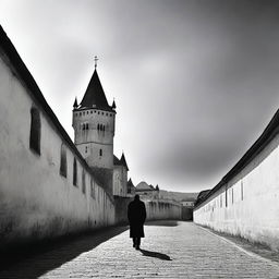 A black and white depiction of Cluj with its historic fortress walls on a semi-cloudy day