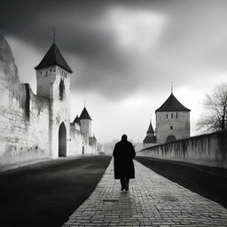 A black and white depiction of Cluj with its historic fortress walls on a semi-cloudy day