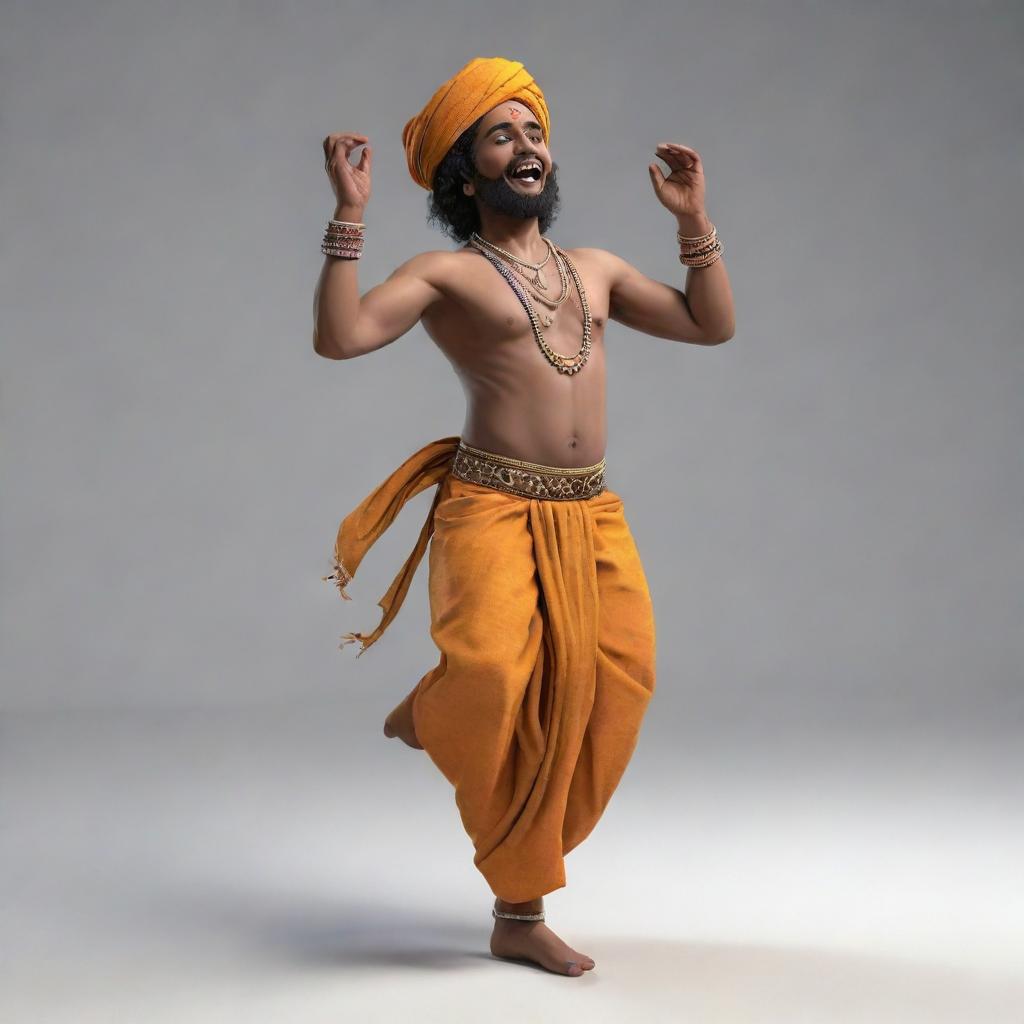 A 3D representation of a Baul singer passionately dancing while playing the ektara in traditional Bengali attire