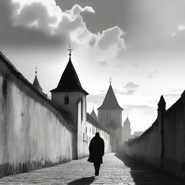 A black and white depiction of Cluj with its historic fortress walls on a partly cloudy day