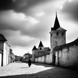 A black and white depiction of Cluj with its historic fortress walls on a partly cloudy day