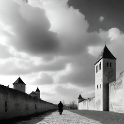 A black and white depiction of Cluj with its historic fortress walls on a partly cloudy day