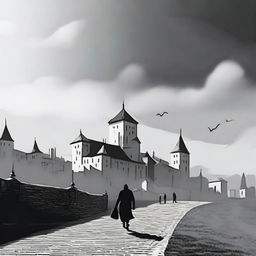 A black and white depiction of Cluj with its historic fortress walls on a partly cloudy day