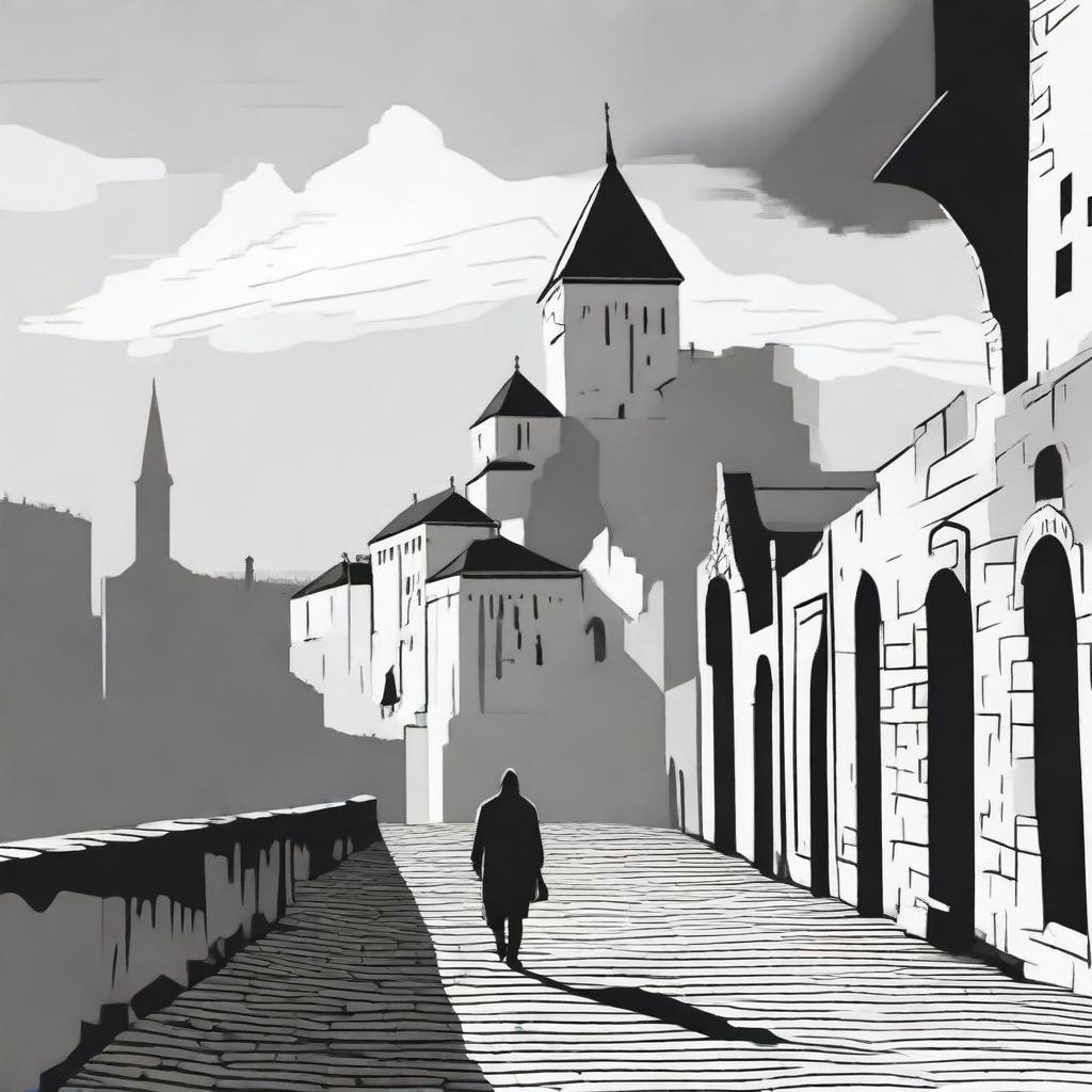 A black and white depiction of Cluj with its historic fortress walls receding into the background on a partly cloudy day