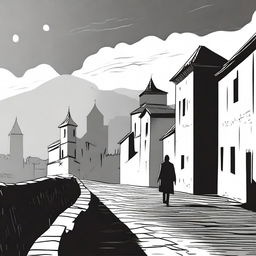 A black and white depiction of Cluj with its historic fortress walls receding into the background on a partly cloudy day