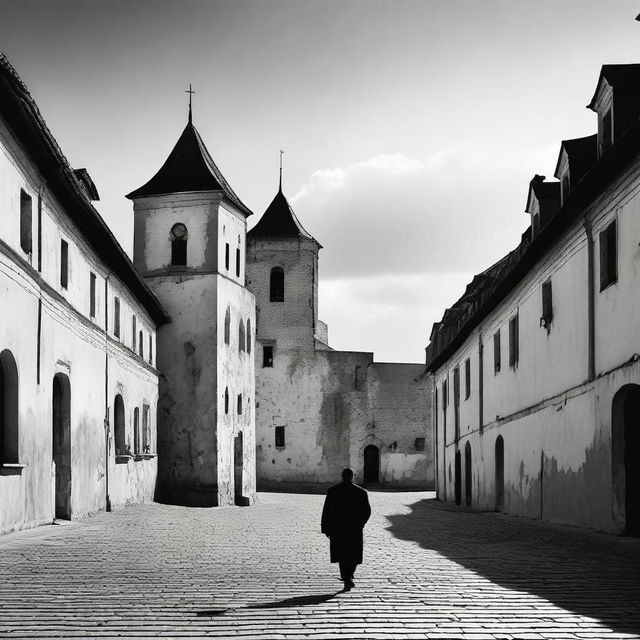 A black and white depiction of Cluj with its historic fortress walls receding into the background on a partly cloudy day