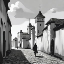 A realistic black and white depiction of Cluj with its historic fortress walls receding into the background on a partly cloudy day