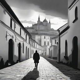 A realistic black and white depiction of Cluj with its historic fortress walls receding into the background on a partly cloudy day