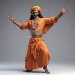 A 3D representation of a Baul singer passionately dancing while playing the ektara in traditional Bengali attire