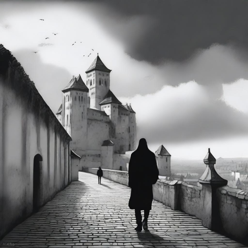 A realistic black and white depiction of Cluj with its historic fortress walls receding into the background on a partly cloudy day