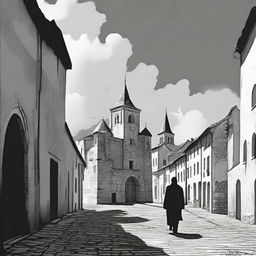 A realistic black and white depiction of Cluj with its historic fortress walls receding into the background on a partly cloudy day