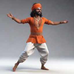 A 3D representation of a Baul singer passionately dancing while playing the ektara in traditional Bengali attire