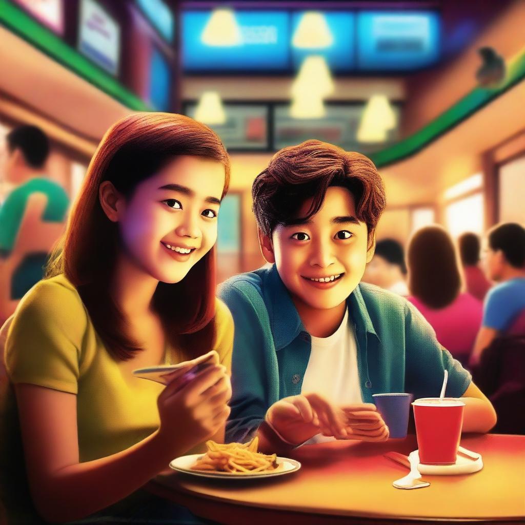 A movie poster featuring a girl and a boy sitting inside a public restaurant