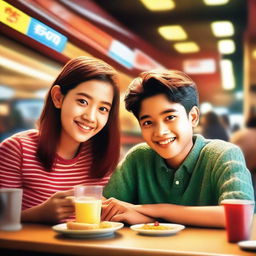 A movie poster featuring a girl and a boy sitting inside a public restaurant