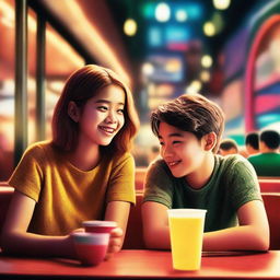 A movie poster featuring a girl and a boy sitting inside a public restaurant