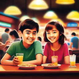 A movie poster featuring a girl and a boy sitting inside a public restaurant