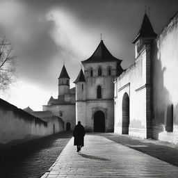 A scene of Cluj with fortress walls on both sides under a semi-cloudy sky