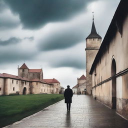 A scene of Cluj with fortress walls on both sides under a semi-cloudy sky