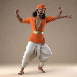 A 3D representation of a Baul singer passionately dancing while playing the ektara in traditional Bengali attire