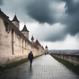 A scene of Cluj with fortress walls on both sides under a semi-cloudy sky