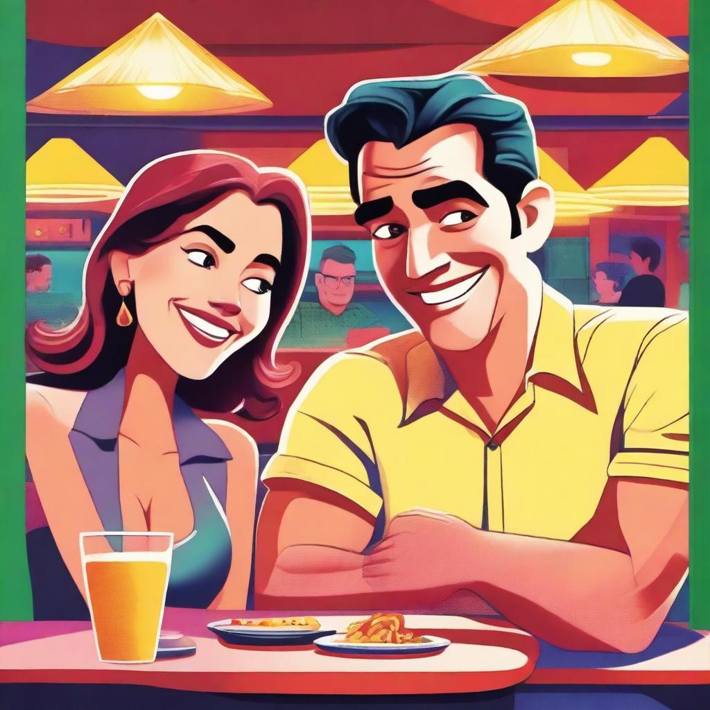 A movie poster featuring a woman and a man sitting inside a public restaurant