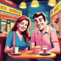 A movie poster featuring a woman and a man sitting inside a public restaurant