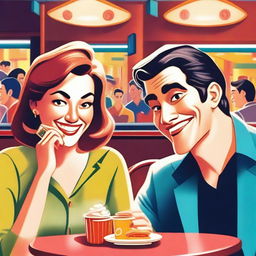 A movie poster featuring a woman and a man sitting inside a public restaurant