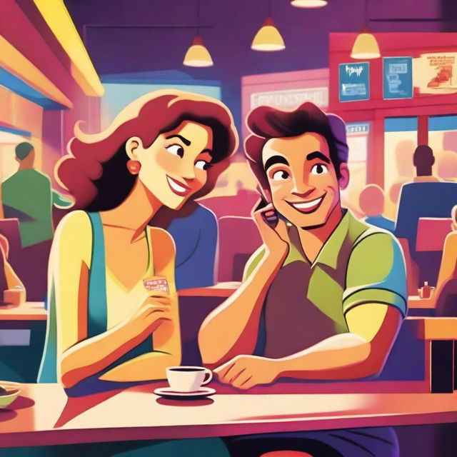 A movie poster featuring a woman and a man sitting inside a public restaurant