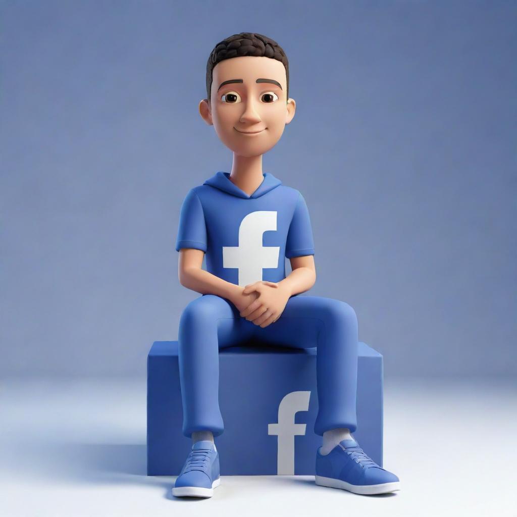 3D animated character in modern casual clothing sitting atop a three-dimensional Facebook logo. The character appears in a background of a social media profile with the user name 'Junaid Ahmed'.