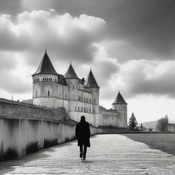 A black and white scene of Cluj with fortress walls on both sides under a semi-cloudy sky