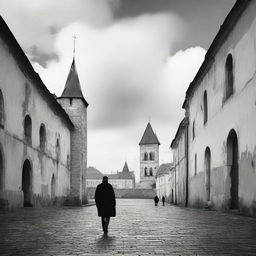 A black and white scene of Cluj with fortress walls on both sides under a semi-cloudy sky