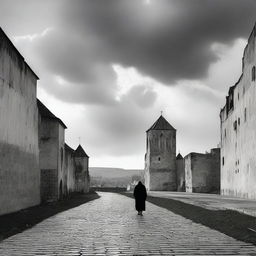 A black and white scene of Cluj with fortress walls on both sides under a semi-cloudy sky