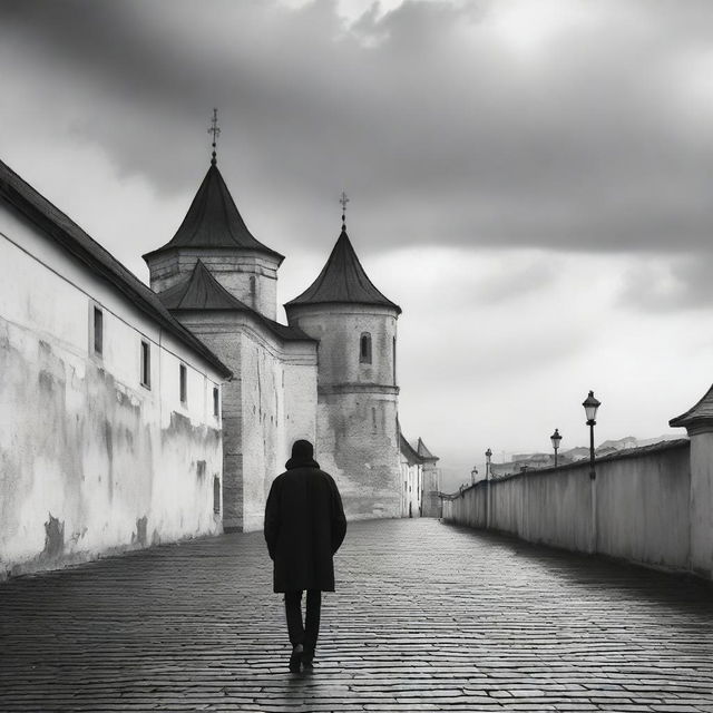 A black and white scene of Cluj with fortress walls on both sides under a semi-cloudy sky